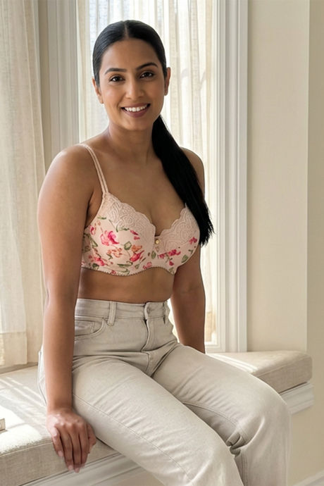 Zivame Floral Grace Padded Wired 3/4th Coverage Lace Bra - Light Pink Base With Flower — image 4